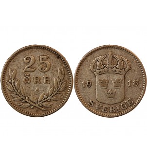 SUÈDE, GUSTAF V - 25 ÖRE ARGENT 1918 W 2