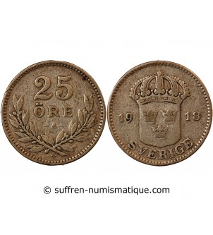 SUÈDE, GUSTAF V - 25 ÖRE ARGENT 1918 W