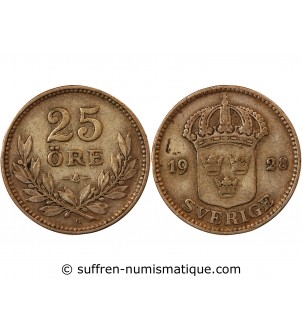 SUÈDE, GUSTAF V - 25 ÖRE ARGENT 1928 G