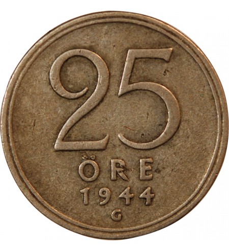 SUÈDE, GUSTAF V - 25 ÖRE ARGENT 1944 G