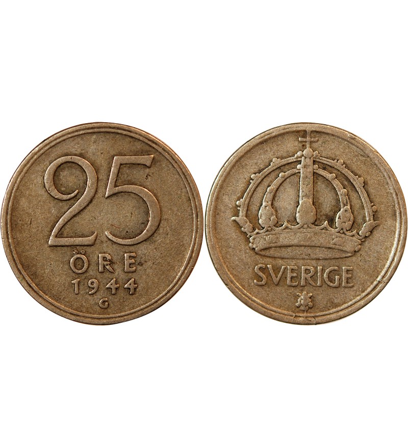 SUÈDE, GUSTAF V - 25 ÖRE ARGENT 1944 G