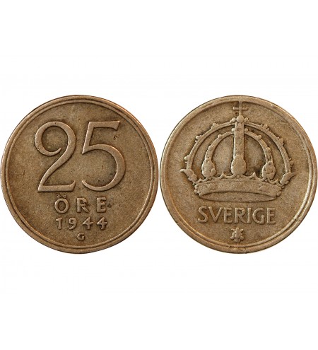 SUÈDE, GUSTAF V - 25 ÖRE ARGENT 1944 G