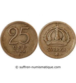 SUÈDE, GUSTAF V - 25 ÖRE ARGENT 1944 G