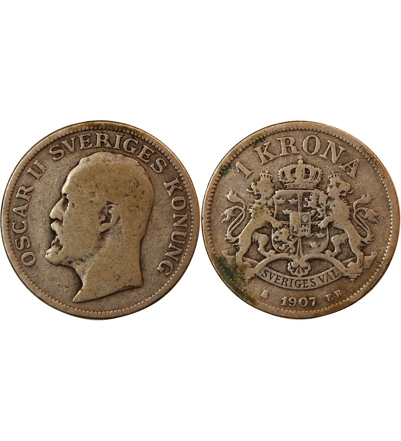 SUÈDE, OSCAR II - KRONA ARGENT 1907 EB