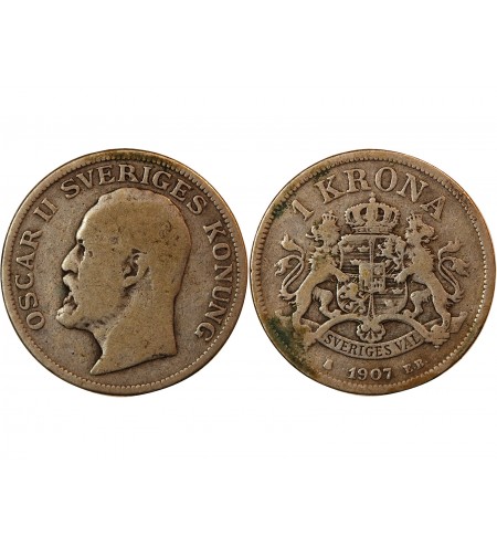 SUÈDE, OSCAR II - KRONA ARGENT 1907 EB