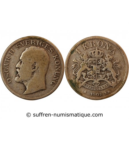 SUÈDE, OSCAR II - KRONA ARGENT 1907 EB