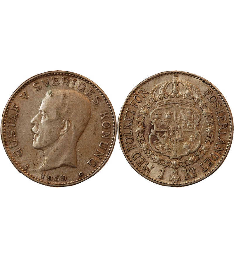 SUÈDE, GUSTAF V - KRONA ARGENT 1939 G