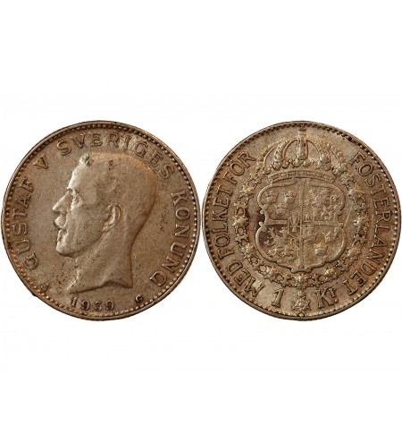 SUÈDE, GUSTAF V - KRONA ARGENT 1939 G
