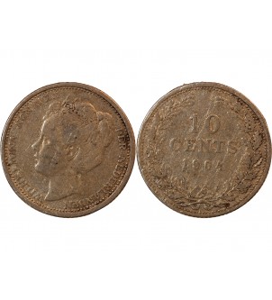 PAYS-BAS, WILHELMINA - 10 CENTS ARGENT 1904 2