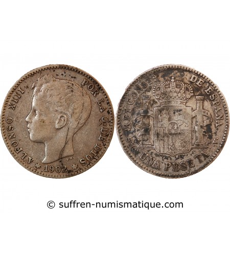 ESPAGNE, ALPHONSE XIII - PESETA ARGENT 1902