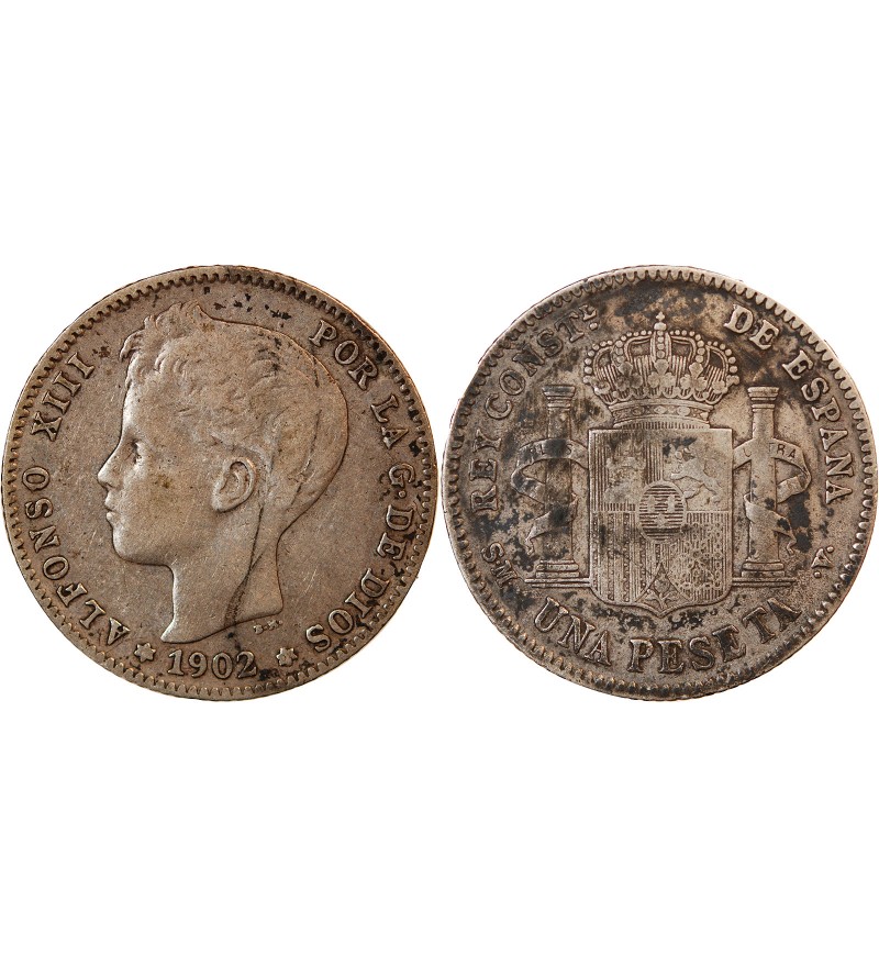 ESPAGNE, ALPHONSE XIII - PESETA ARGENT 1902