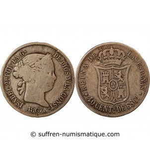 ESPAGNE, ISABELLE II - 40 CENTIMOS ARGENT 1867 - 6 pointes sur étoile
