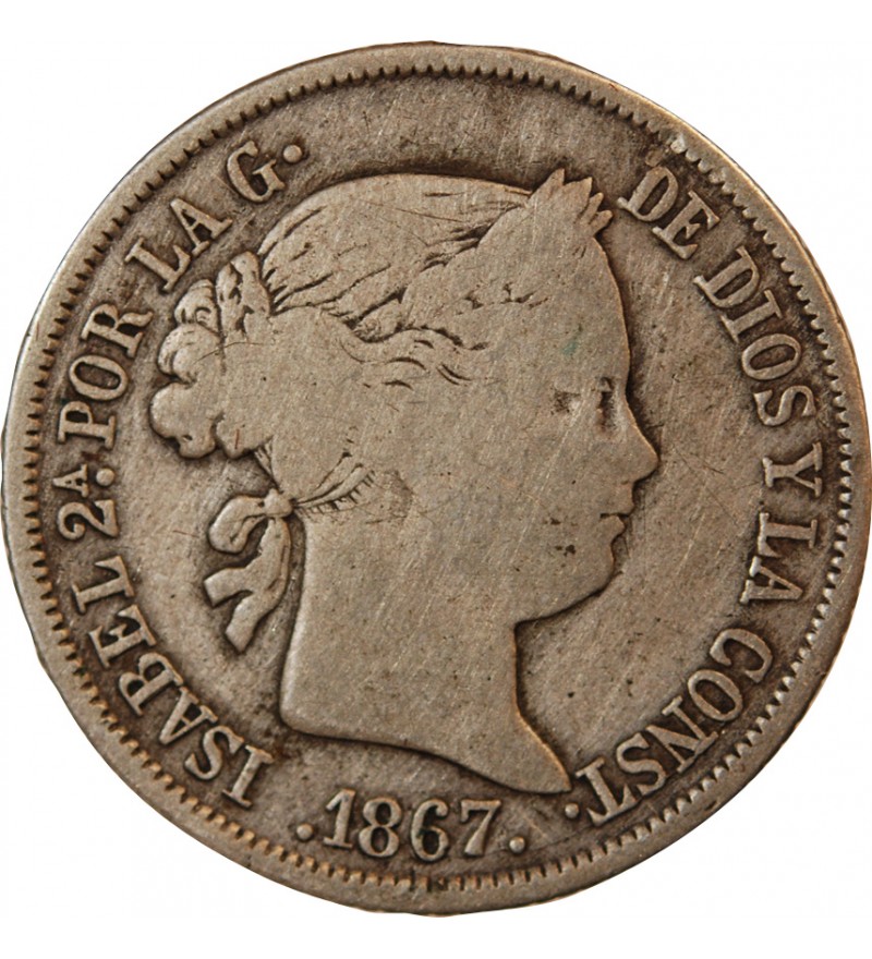 ESPAGNE, ISABELLE II - 40 CENTIMOS ARGENT 1867 - 6 pointes sur étoile