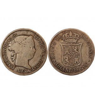 ESPAGNE, ISABELLE II - 40 CENTIMOS ARGENT 1867 - 6 pointes sur étoile 2