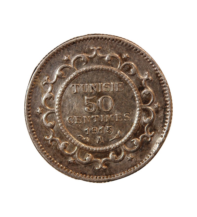 TUNISIE, MUHAMMAD AL-NASIR - 50 CENTIMES ARGENT 1915 A PARIS