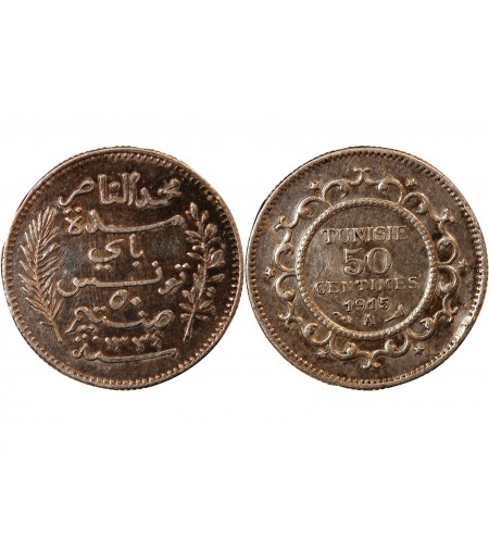TUNISIE, MUHAMMAD AL-NASIR - 50 CENTIMES ARGENT 1915 A PARIS