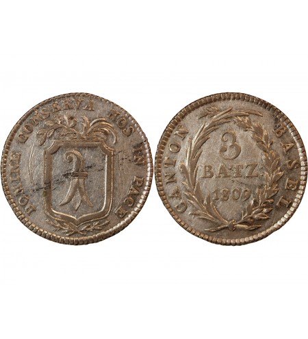 SUISSE, CANTON DE BÂLE - 3 BATZ ARGENT 1809
