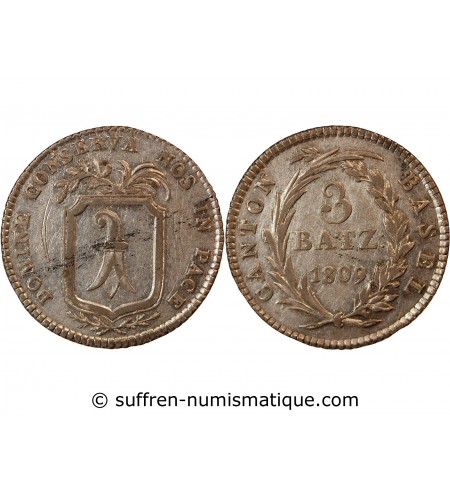 SUISSE, CANTON DE BÂLE - 3 BATZ ARGENT 1809