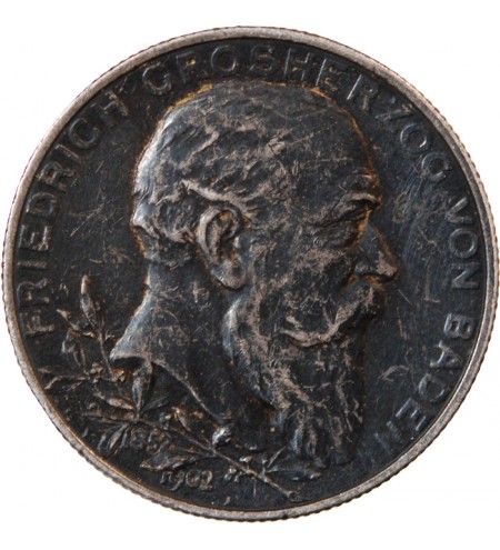 ALLEMAGNE, BADE, FRIEDRICH I - 2 MARK ARGENT 1902 - 50 ans de règne