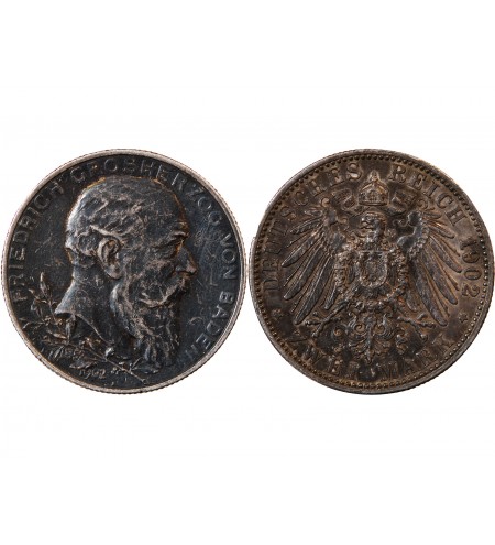ALLEMAGNE, BADE, FRIEDRICH I - 2 MARK ARGENT 1902 - 50 ans de règne