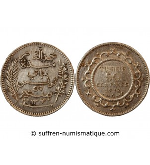TUNISIE, MUHAMMAD AL-NASIR - 50 CENTIMES ARGENT 1912 A PARIS