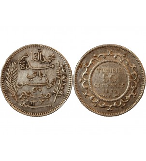 TUNISIE, MUHAMMAD AL-NASIR - 50 CENTIMES ARGENT 1912 A PARIS 2