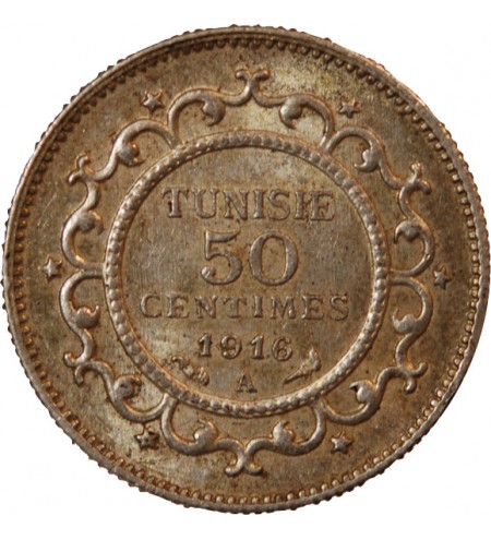 TUNISIE, MUHAMMAD AL-NASIR - 50 CENTIMES ARGENT 1916 A PARIS