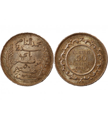 TUNISIE, MUHAMMAD AL-NASIR - 50 CENTIMES ARGENT 1916 A PARIS