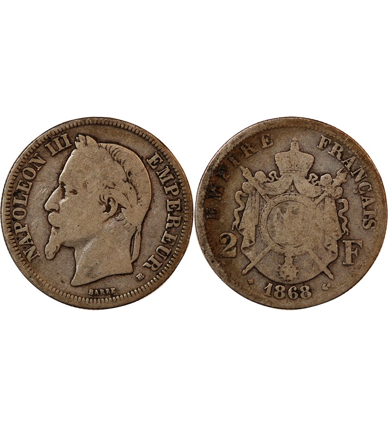 NAPOLEON III - 2 FRANCS ARGENT 1868 BB STRASBOURG