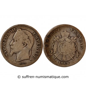 NAPOLEON III - 2 FRANCS ARGENT 1868 BB STRASBOURG