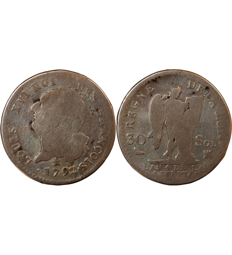 LOUIS XVI CONSTITUTION - 30 SOLS 1792 MA MARSEILLE