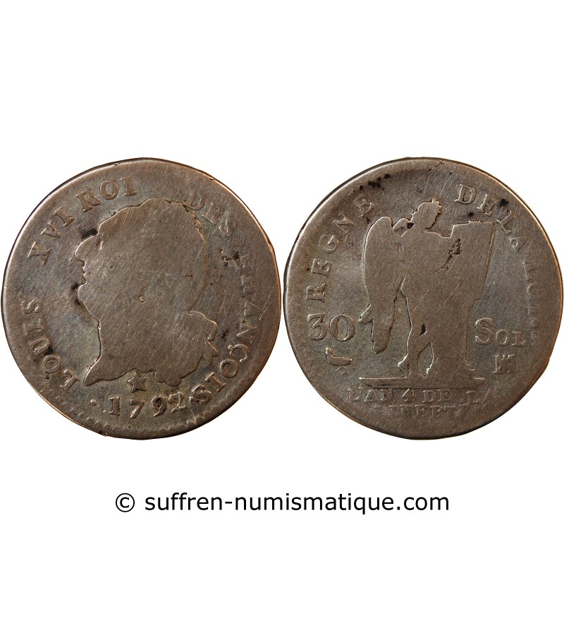 LOUIS XVI CONSTITUTION - 30 SOLS 1792 MA MARSEILLE