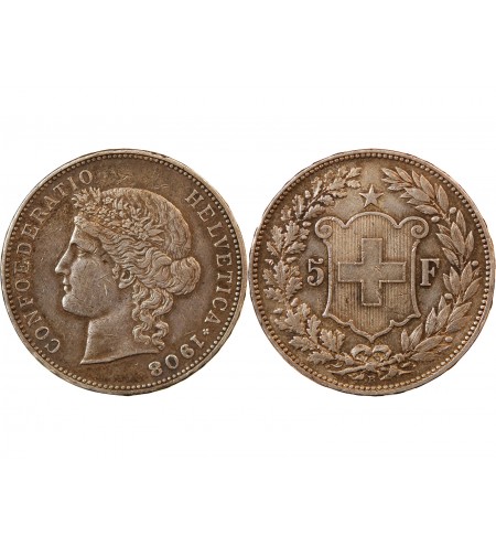 SUISSE - 5 FRANCS ARGENT 1908 B BERNE