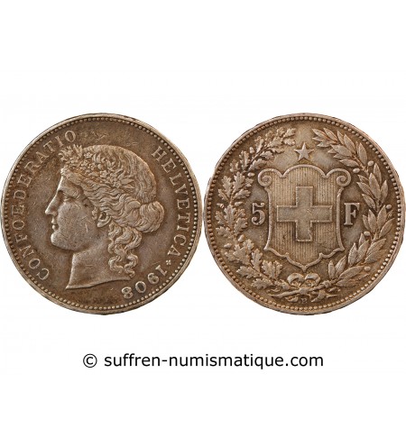 SUISSE - 5 FRANCS ARGENT 1908 B BERNE