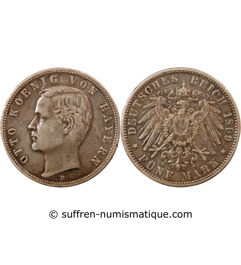 ALLEMAGNE, BAVIÈRE, OTTO - 5 MARK ARGENT 1899 D MUNICH