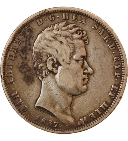 ITALIE, ROYAUME DE SARDAIGNE, CHARLES-ALBERT - 5 LIRE ARGENT 1837 P ANCRE GÊNES