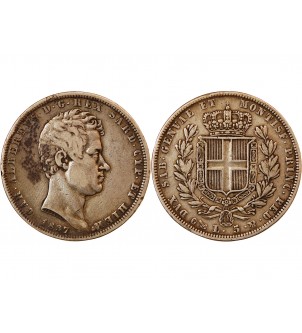 ITALIE, ROYAUME DE SARDAIGNE, CHARLES-ALBERT - 5 LIRE ARGENT 1837 P ANCRE GÊNES 2