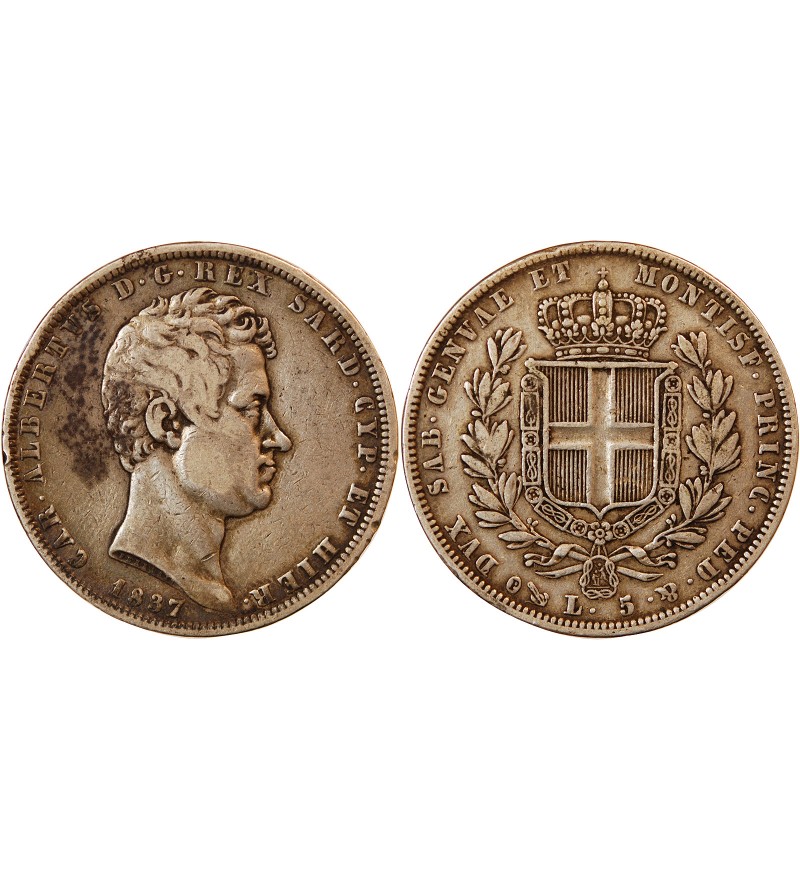 ITALIE, ROYAUME DE SARDAIGNE, CHARLES-ALBERT - 5 LIRE ARGENT 1837 P ANCRE GÊNES