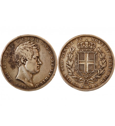ITALIE, ROYAUME DE SARDAIGNE, CHARLES-ALBERT - 5 LIRE ARGENT 1837 P ANCRE GÊNES