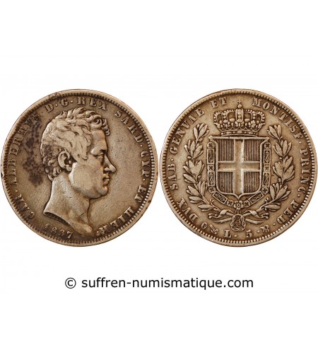 ITALIE, ROYAUME DE SARDAIGNE, CHARLES-ALBERT - 5 LIRE ARGENT 1837 P ANCRE GÊNES