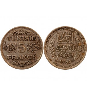 TUNISIE, AHMAD PASHA - 5 FRANCS ARGENT 1355 (1936) 2