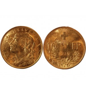 SUISSE, CONFEDERATION HELVETIQUE - 10 FRANCS OR 1916 B 2