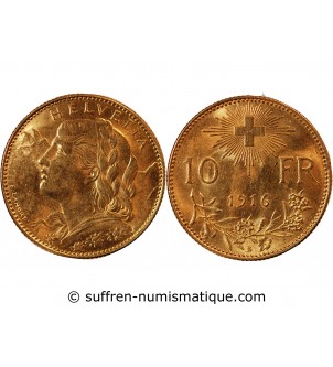 SUISSE, CONFEDERATION HELVETIQUE - 10 FRANCS OR 1916 B