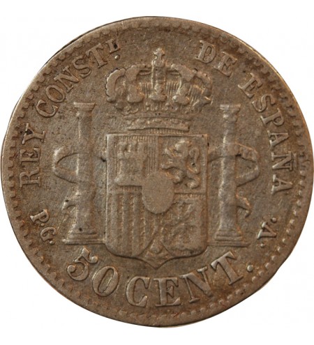 ESPAGNE, ALPHONSE XIII - 50 CENTIMOS ARGENT 1894 PGV