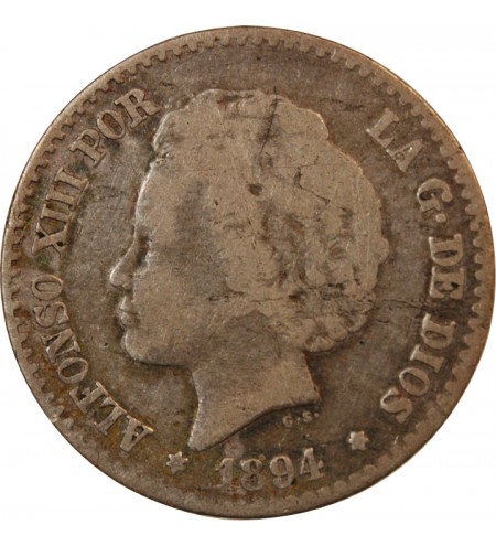 ESPAGNE, ALPHONSE XIII - 50 CENTIMOS ARGENT 1894 PGV