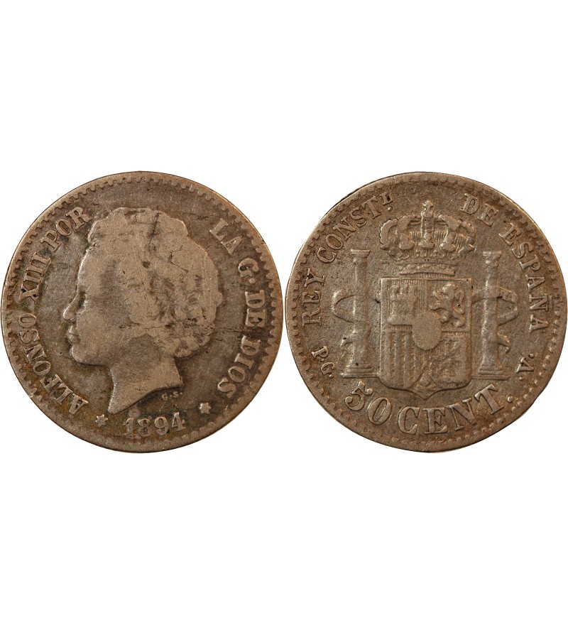 ESPAGNE, ALPHONSE XIII - 50 CENTIMOS ARGENT 1894 PGV
