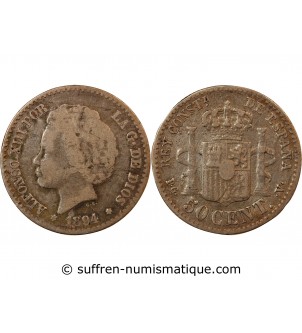 ESPAGNE, ALPHONSE XIII - 50 CENTIMOS ARGENT 1894 PGV