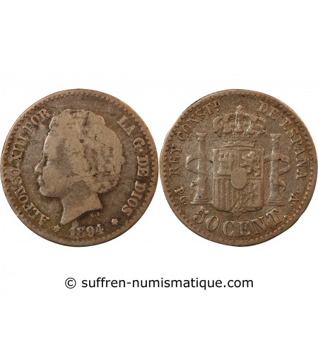 ESPAGNE, ALPHONSE XIII - 50 CENTIMOS ARGENT 1894 PGV