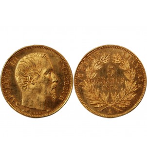 NAPOLEON III - 5 FRANCS OR PETIT MODULE 1854 A PARIS "Tranche Lisse" 2