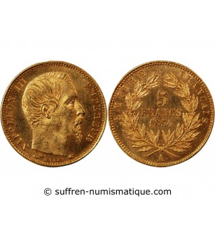 NAPOLEON III - 5 FRANCS OR PETIT MODULE 1854 A PARIS "Tranche Lisse"